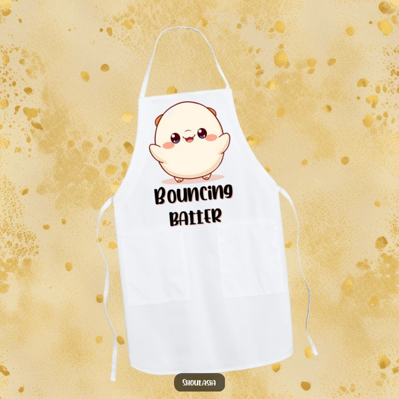 Funny dumpling apron showing a cheerful dumpling with bright eyes playfully bouncing, perfect for chefs and home cooks who love humor.