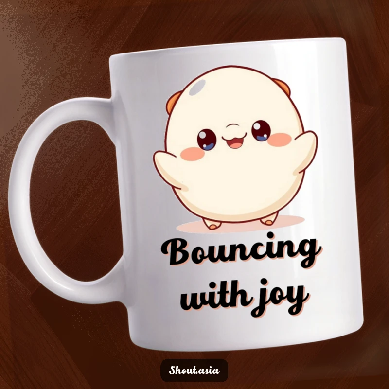 Funny dumpling mug featuring a cheerful dumpling character with bright eyes playfully bouncing, perfect for adding fun to your coffee break.