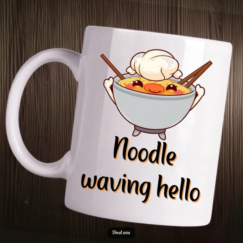 Funny ramen bowl mug featuring a mischievous character with chopsticks for arms, waving hello, perfect for soup lovers and humor enthusiasts.