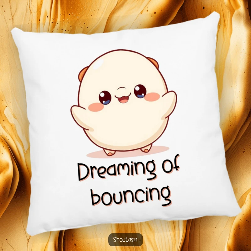Funny dumpling pillow featuring a cheerful dumpling character with bright eyes playfully bouncing, adding humor and comfort to sofas and beds.
