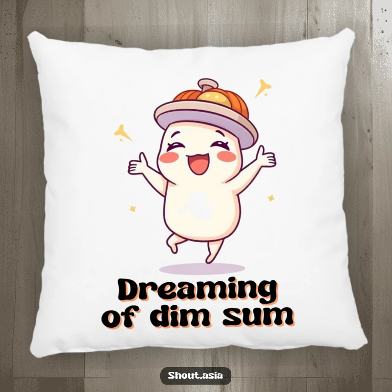 Funny dim sum pillow featuring a delighted platter doing a happy dance, perfect for adding humor and comfort to sofas and beds.