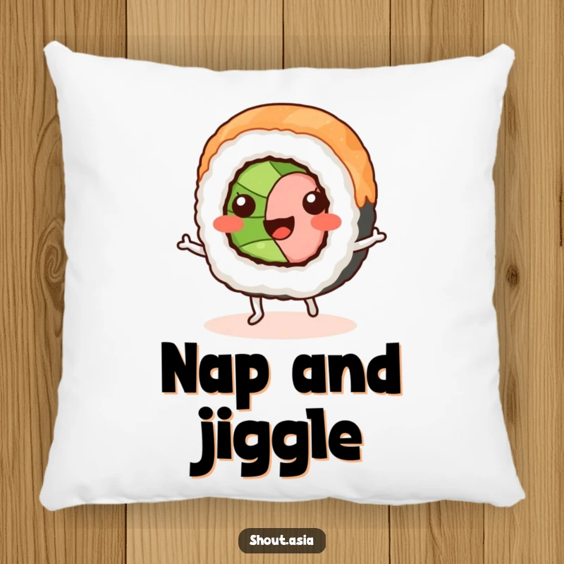 Funny sushi roll pillow featuring a smiling sushi with legs performing a jig, perfect for adding humor and comfort to any room.