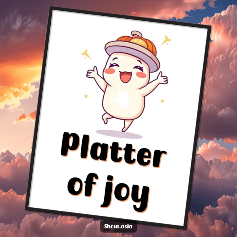 Funny dim sum digital art print of a delighted platter doing a happy dance, perfect for instant, joyful wall decor.