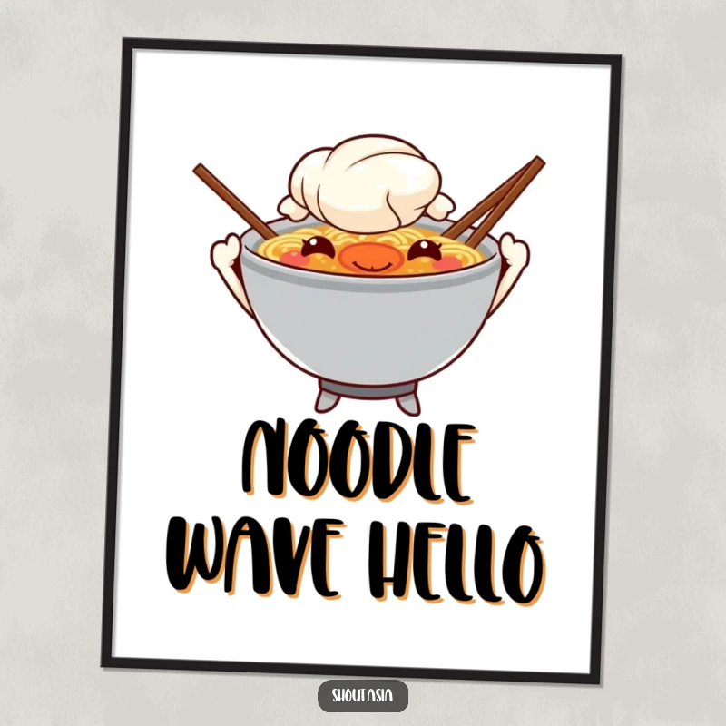 Funny ramen digital art print of a mischievous ramen bowl with chopstick arms waving, perfect for instant, humorous wall decor.