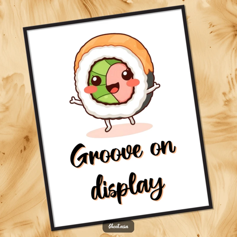 Funny sushi roll digital art print of a smiling sushi with tiny legs dancing a jig, ideal for instant, humorous wall decor.