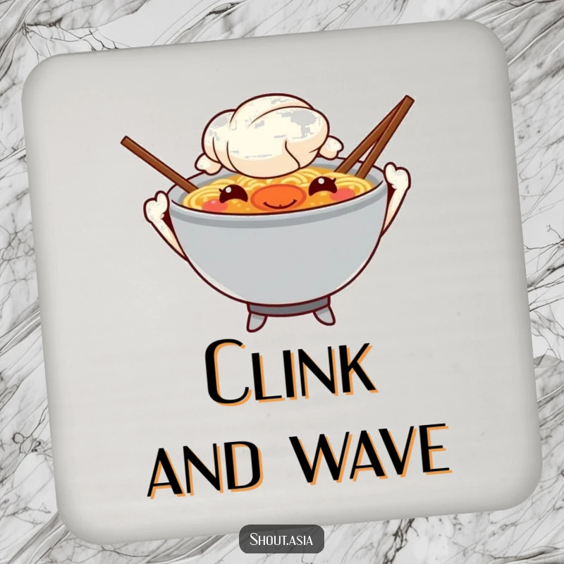 Funny ramen coasters depicting a mischievous ramen bowl with chopstick arms waving, protecting tables with a dose of noodle humor.