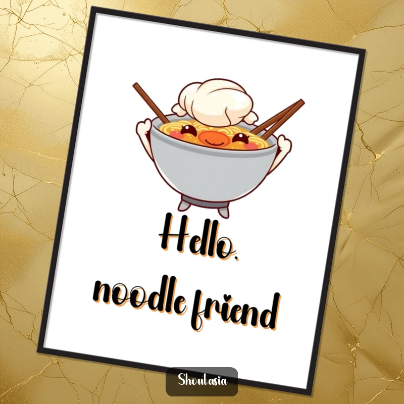 Funny ramen poster depicting a mischievous ramen bowl with chopstick arms waving, ideal for adding a humorous touch to kitchen or dining areas.