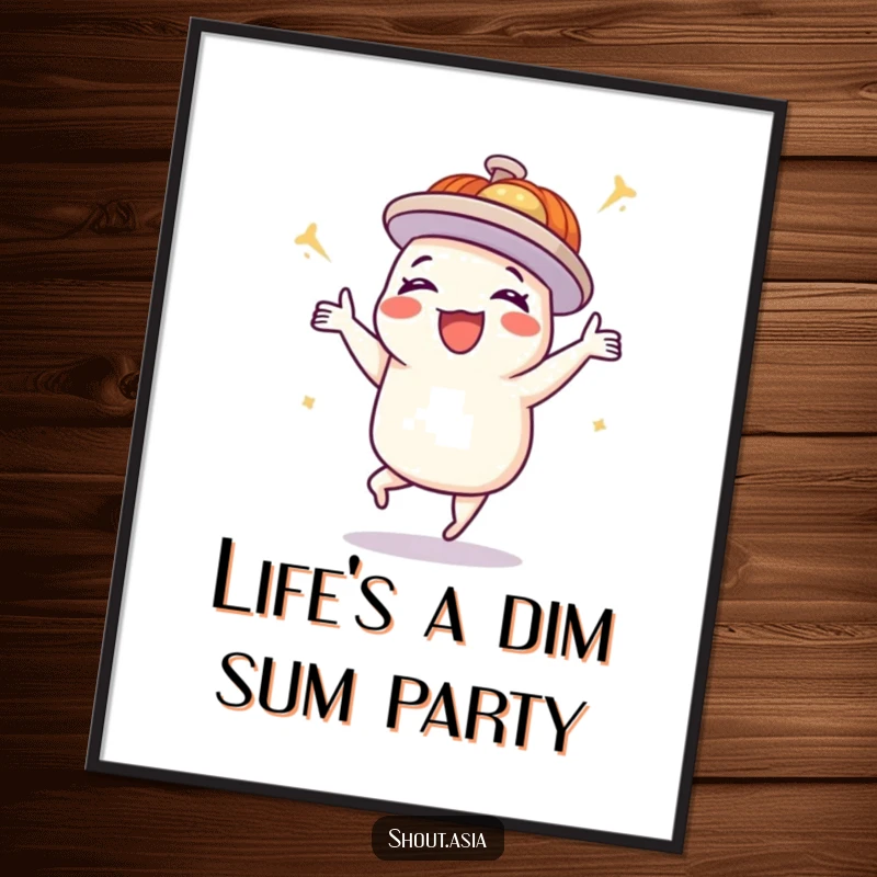 Funny free printable wall art of a delighted dim sum platter performing a joyful and energetic happy dance.