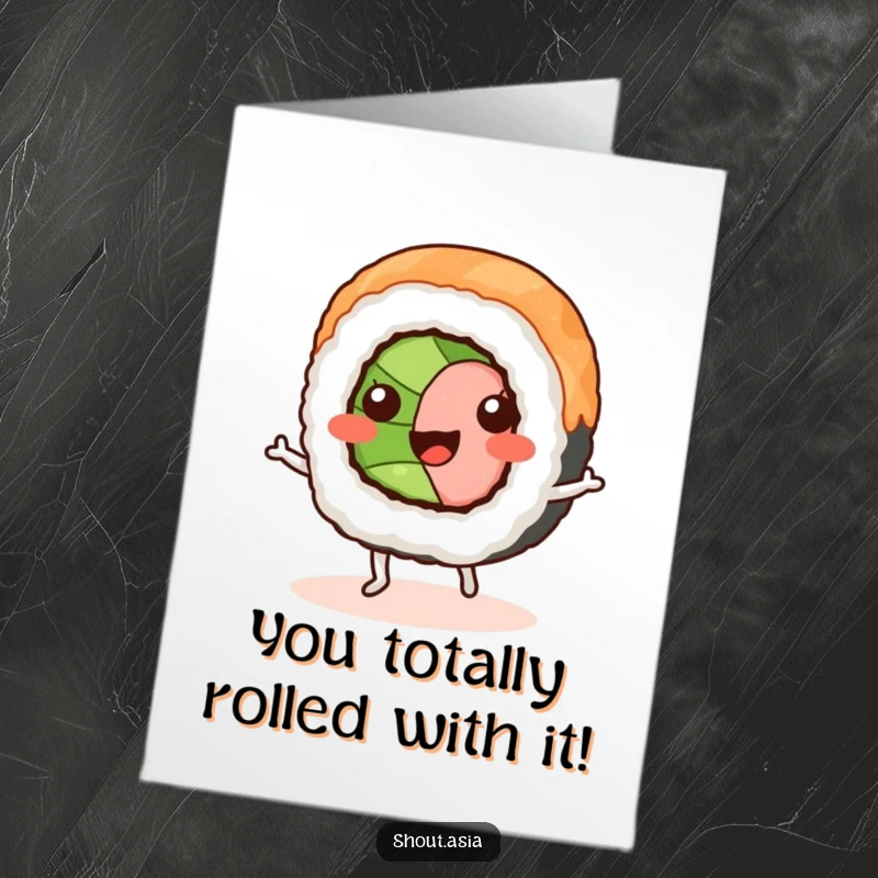 Funny free printable congratulations card showing a happy sushi roll with little legs dancing a jig, celebrating achievements.