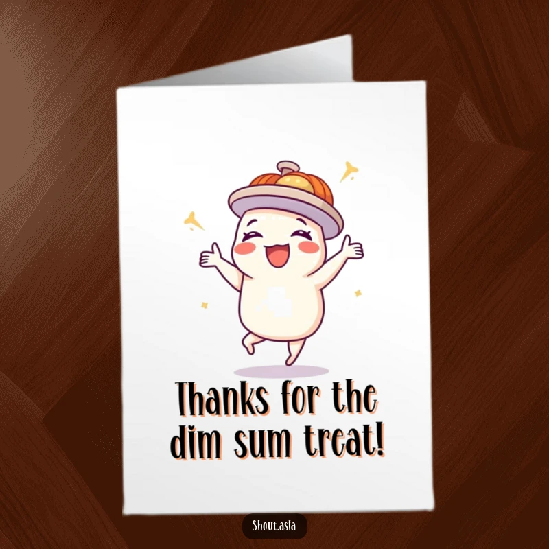 Funny free printable thank you card of a happy dim sum platter doing a joyful dance to express thanks.