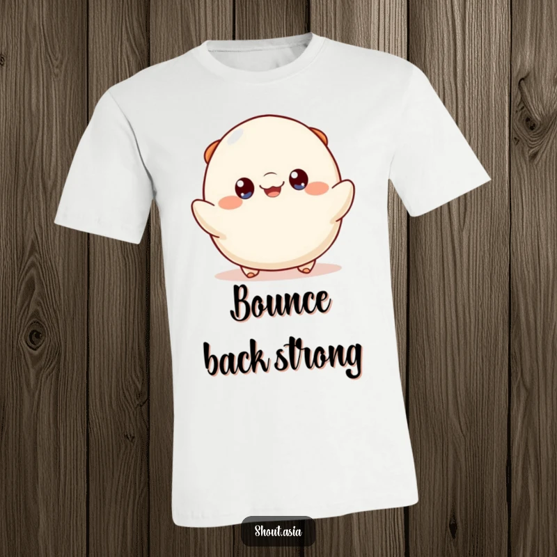 Funny bouncing dumpling t-shirt showing a happy dumpling with bright eyes in mid-bounce, ideal for casual wear and spreading smiles.