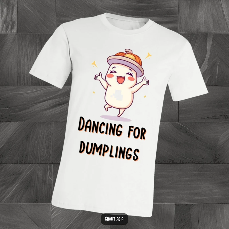 Funny dim sum dancer t-shirt showing a delighted platter doing a happy dance, ideal for casual wear and foodie gatherings.
