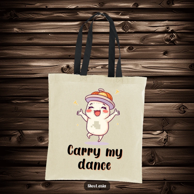 Funny dim sum tote bag showing a delighted platter doing a happy dance, great for shopping and carrying essentials with a smile.